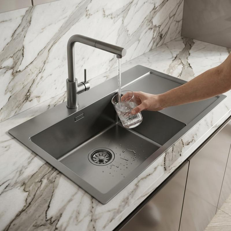Pure.Sink Comfort PVD Gun Metal spoelbak met afdruipgedeelte 86x52 cm Tapwing links PCM5086LT-61